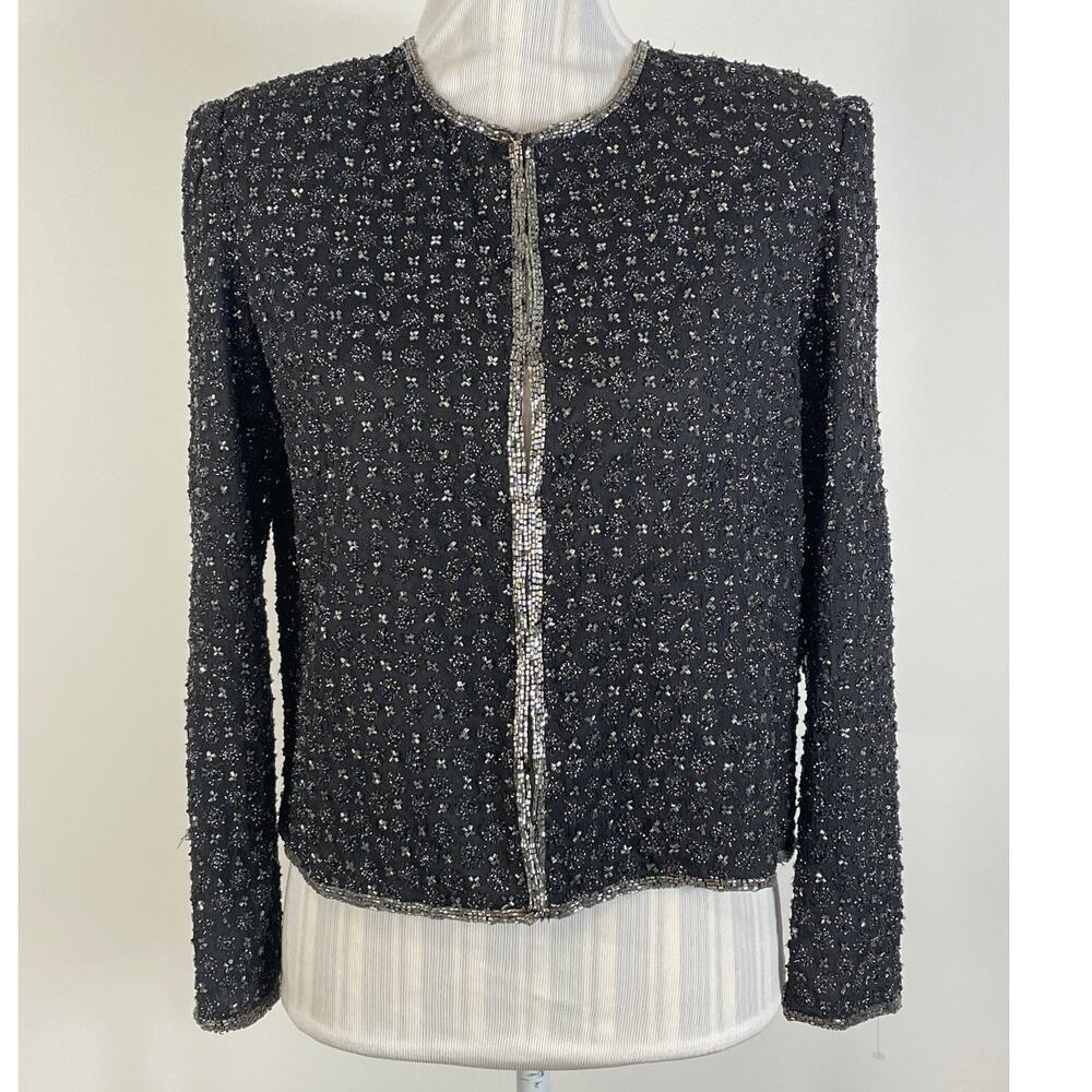 Vintage Allure Dress Beaded Black Silk Long Sleeve Cocktail Top Jacket Size PS